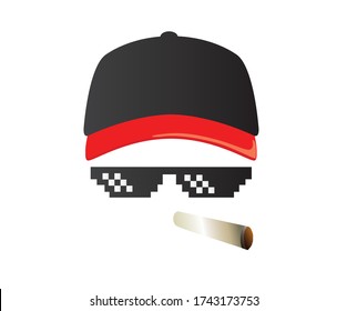 Pixel sunglasses with thug life typography vector on white background.Pixel glasses isolated on white background. Thug life glasses. cap, sunglasses and cigarette vector.