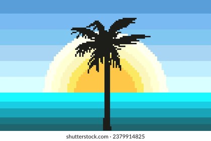 Pixel sunrise landscape with palm tree. Black tropical beach tree overlooking sea and sun. Game style of the 90s, 8-bit. Trunk and palm leaves. Relaxation, vacation. Level color. Vector illustration.