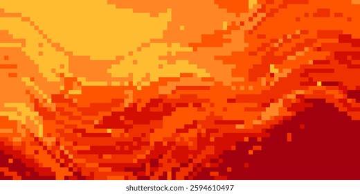 Pixel sunset burning sky in retro 8 bit game style. Gradient background with square pattern of flame