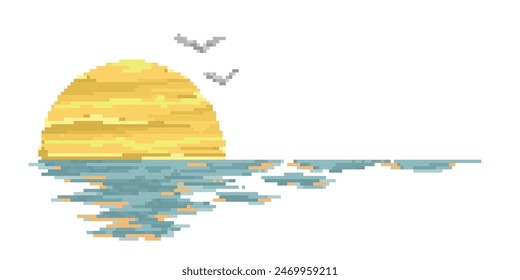 The pixel sunset with reflection in water.
