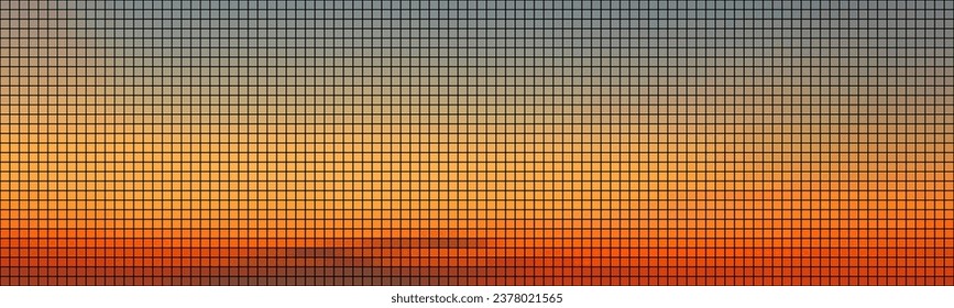Pixel sunset sky with a bright gradient in retro game style with dithering. Abstract background with a pattern of multi-colored square pixels. Vector illustration