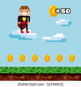 pixel superhero character and gold coins over landscape background.  Video game interface design. Colorful design. vector illustration