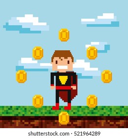 pixel superhero character with gold coins around over landscape background. Video game interface design. Colorful design. vector illustration