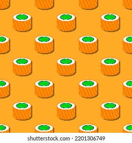 Pixel sushi seamless pattern. 8-bit sushi roll with salmon. Pixel art japan traditional food. Japanese cuisine. Oriental design for fabric, wallpaper, wrapping paper, packing. Vector illustration