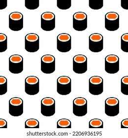 Pixel sushi seamless pattern. 8-bit sushi roll with caviar. Pixel art japan traditional food. Japanese cuisine. Oriental design for fabric, wallpaper, wrapping paper, packing. Vector illustration