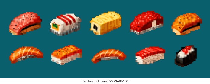 Pixel sushi set featuring rolls, sashimi, and Japanese cuisine. Vector art of gourmet Asian food with tuna, salmon, and rice.