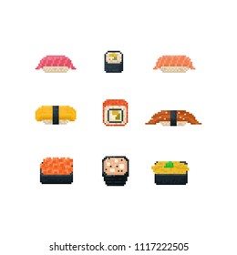 Pixel sushi set.8bit japanese food icon.