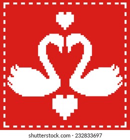 Pixel swans with hearts on red background