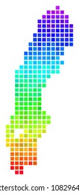 Pixel Sweden map. Vector territory scheme drawn with impressive rainbow color variations with vertical gradient. Colorful vector concept of Sweden map composed of rectangle items.