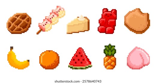 Pixel sweets and fruit icons set isolated on white. Vector cartoon illustration of retro software emoji, waffle, marshmallow, cake, gummy bear, cookie, banana, orange, watermelon, pineapple, peach