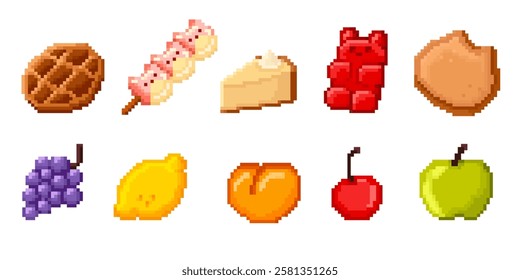 Pixel sweets and fruit icons set isolated on white background. Vector cartoon illustration of retro software emoji, waffle, marshmallow, cake, gummy bear, cookie, grape, lemon, peach, cherry, apple