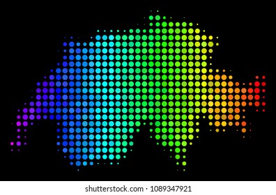 Pixel Swissland map. Halftone territory scheme using spectral color tints with horizontal gradient on a black background. Vector composition of Swissland map done of spheric elements.