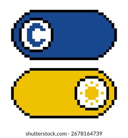 Pixel switch button night and day vector. Perfect for representing a toggle between light and dark modes in a modern, digital environment. A clear, minimal design with a pixelated aesthetic.