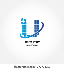 Pixel swoosh initial letter U creative logo for company brand