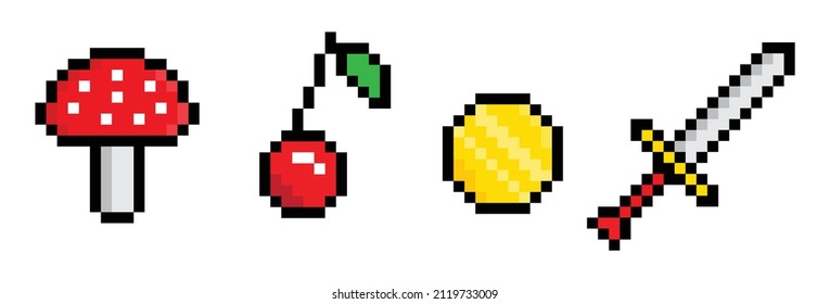 Pixelschwert, Kirsche, Beeren, Münze und Pilz-Symbol amanita Pixel-Vektorelement für 8-Bit-Spiel 