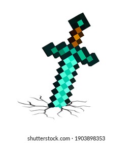 Pixel sword on a white background. A pixelated eight-bit sword sticking out of the ground in the style of modern games. Vector illustration 