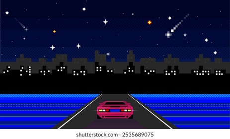 Pixel-Synthwave-Grafik mit nächtlichem Stadthintergrund und Rennwagen auf der Straße.