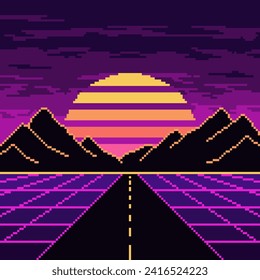 Pixel synthwave neon highway with mountains and sun background. Neon vaporwave landscape with mesh digital design and dark hills with striped star in purple night vector sky