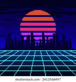 Pixel synthwave neon mesh with city and sun background. Blue vaporwave landscape with grid digital design with dark skyscrapers and striped star in purple night vector sky