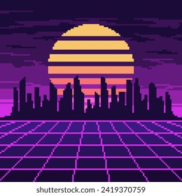 Pixel synthwave purple grid with dark city and sun background. Neon blue vaporwave landscape with grid digital design with dark skyscrapers and striped star in vector sky