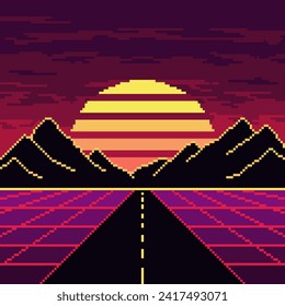 Pixel synthwave purple road with mountains and sun background. Neon sunset vaporwave landscape with mesh digital design and dark hills with striped star in purple night vector sky