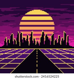 Pixel synthwave road with city and sun background. Neon retrowave landscape with mesh digital highway with dark skyscrapers and striped star in purple night vector sky