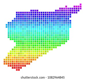Pixel Syria map. Vector territory plan drawn with bright rainbow color tints with vertical gradient. Colored vector composition of Syria map designed with rectangle dots.