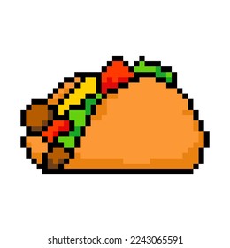 Pixel taco icon, 8Bit taco. Pixel Art Vector Illustration isolated on white background.