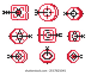 Destino e seta do pixel. Ativo sprite retro de 8 bits de videogame, simples hit bullseye da velha escola e conceito de precisão. Coleção isolada de vetor.