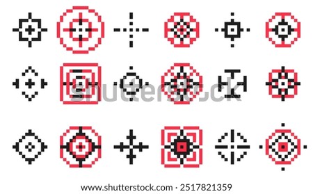 Pixel target icon. Retro video game crosshair aim, retro military gun scope, 8 bit bullseye target for hunting and archery. Vector flat focus and accuracy symbol.