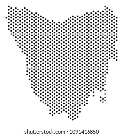 Pixel Tasmania Island map. Vector territorial scheme. Cartographic composition of Tasmania Island map combined from filled spheres.