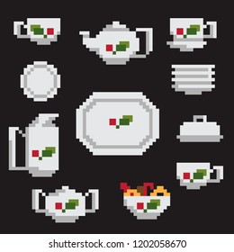 pixel tea set of dishes on a black background