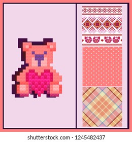 Pixel teddy bear from plastic parts with heart and plaid, polka dots and winter pixel motives seamless backgrounds. pink colors.  Ideal for wedding invitations and Save the Date invitations