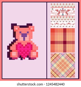 Pixel teddy bear from plastic parts with heart and plaid and winter pixel motives seamless backgrounds. pink colors.  Ideal for wedding invitations and Save the Date invitations