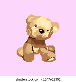 Pixel teddy bear. Vector illustration. Pix toy on blue background.