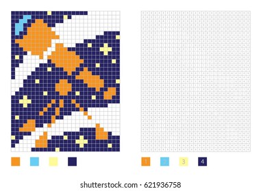 Pixel telescope in the coloring page with numbered squares, vector illustration
