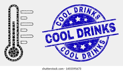 Pixel temperature mosaic icon and Cool Drinks seal. Blue vector rounded distress seal stamp with Cool Drinks message. Vector combination in flat style.