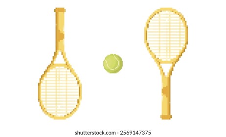 Pixel tennis rackets with ball. Design elements isolated on white background.Game development, mobile app.8-bit sprite.