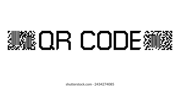 Código QR de texto en píxeles con código QR y código de barras generado.