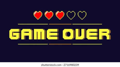 Pixel text with red heart on dark background. Game over inscription. Life bar in computer GUI. Failure console graphic. Pause panel UI. Character death. Retro arcade gaming style. Vector banner design