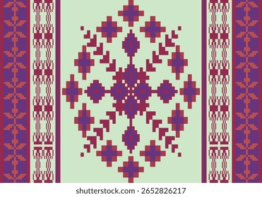 pixel, têxtil, bordados, padrão, étnico, menta, borda roxa, diamante, geométrico, angular, design, artesanato, artesanal, tradição, cultura, tecelagem, tecido, folclore, motivo, layout, arte, digital, tear, quadrada