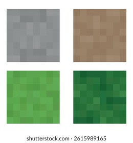 Pixel Texture Pack with Earth Tones. Set of four pixelated square textures in gray, brown, light green, and dark green ideal for game design or digital art backgrounds