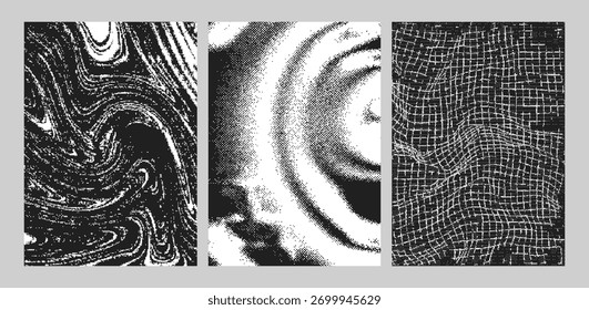 Pixel texture set with abstract wave gradient. Grainy bitmap overlay background, for a retro game, manga. Vector illustration of dithered halftone texture, digital glitch art