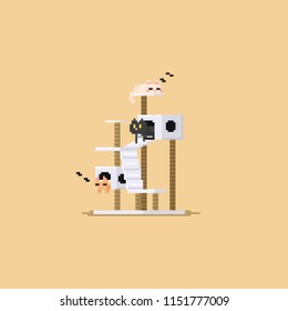 Pixel three cute cat resting in cat condo.8bit.pet. 