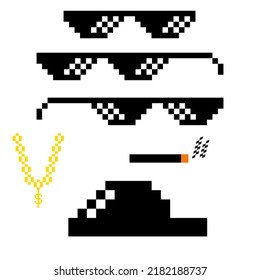 Pixel Thug Life Style Suit With Gold Chain, 3 Black Glasses, Hat And Cigarette. Vector Illustration For Graphic Design 8 Twist 16 Twist