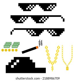 Pixel thug life style suit with gold chain, 3 black glasses, hat and cigarette. vector illustration for graphic design 8 twist 16 twist