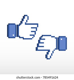 Pixel thumb up 3d, like pixel symbol. Set of Like and dislike icon.