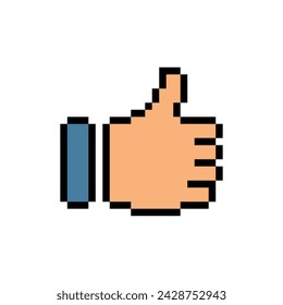 Icono de pulgar hacia arriba.  Vector pixel art pulgares hacia arriba 8 bit logo para el juego