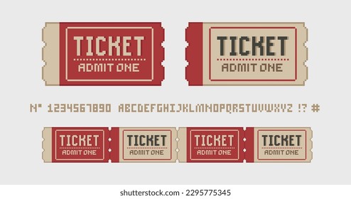 Pixel Ticket prestó. Entrada vectorial en un estilo de juego retro de 8 bits aislado en el fondo. Cine, teatro, concierto, juego, fiesta, evento, entrada digital. Cupón estilo geek