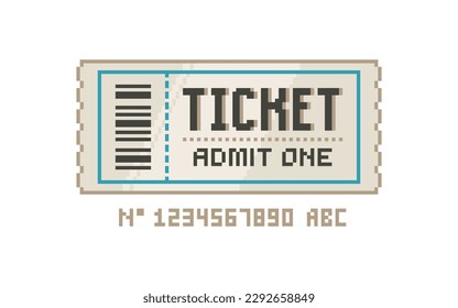 Pixel Ticket. Vector ticket in 8-bit retro game style isolated on whithe backgound. Cinema, theater, concert, game, party, event. Digital ticket icon. Geek style coupon